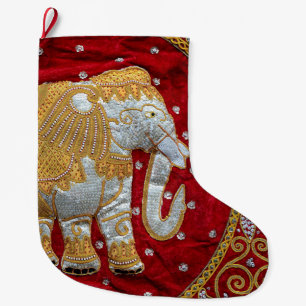 Embellished Indian Elephant Red and Gold Large Christmas Stocking