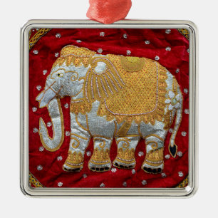 Embellished Indian Elephant Red and Gold Metal Tree Decoration