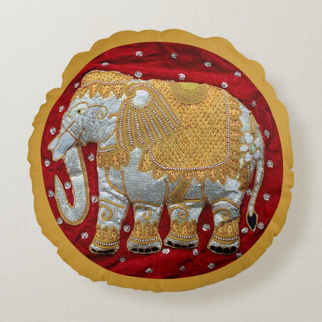 Embellished Indian Elephant Red and Gold Round Cushion (Front)