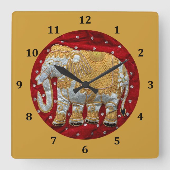 Embellished Indian Elephant Red and Gold Square Wall Clock (Front)