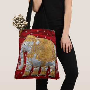 Embellished Indian Elephant Red and Gold Tote Bag