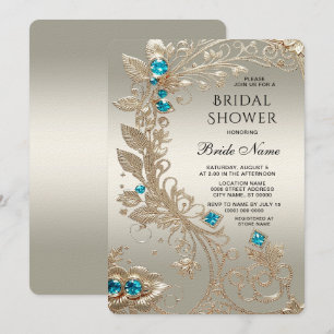 Embellishing Gold Blue Stones Bridal Shower Invitation