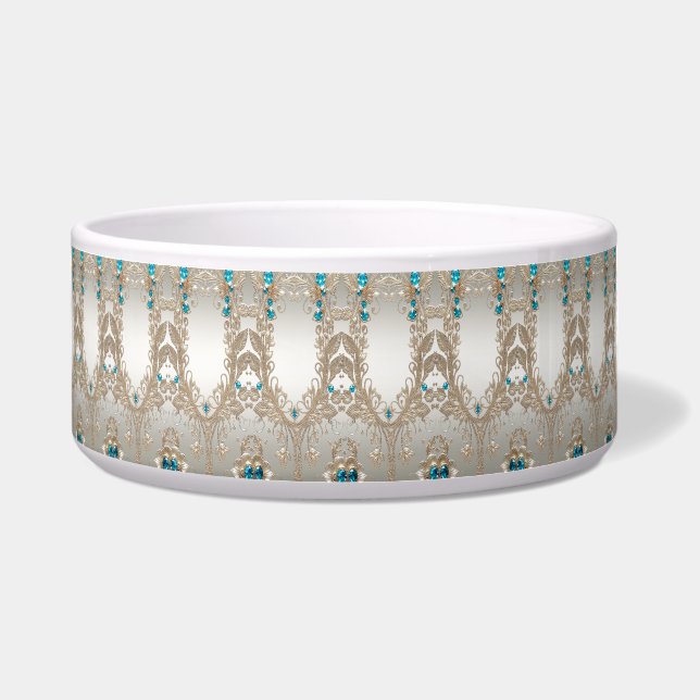 Embellishing Gold Blue Stones Ceramic Pet Bowl (Front)