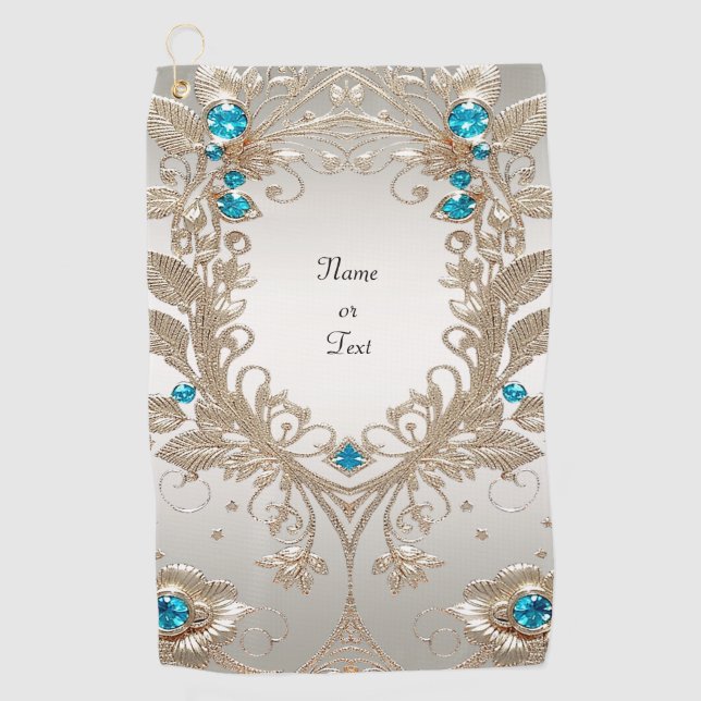 Embellishing Gold Blue Stones Golf Towel (Front)