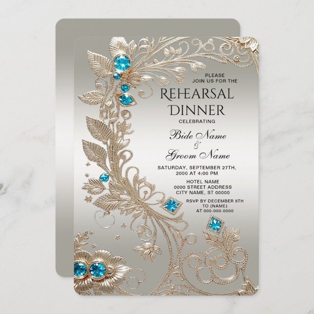 Embellishing Gold Blue Stones Rehearsal Dinner Invitation (Front/Back)
