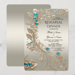 Embellishing Gold Blue Stones Rehearsal Dinner Invitation