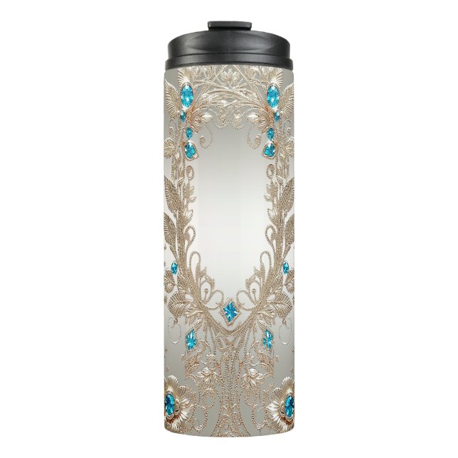 Embellishing Gold Blue Stones Thermal Tumbler (Front)