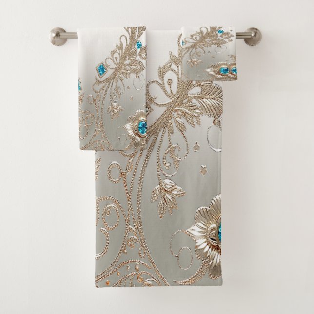 Embellishing Gold Blue Stones Towel Set (Insitu)