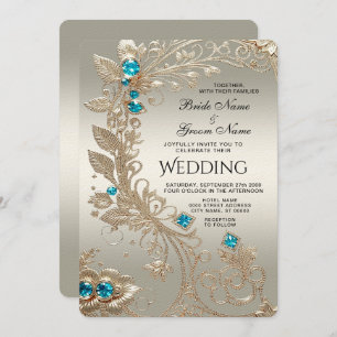 Embellishing Gold Blue Stones Wedding Invitation