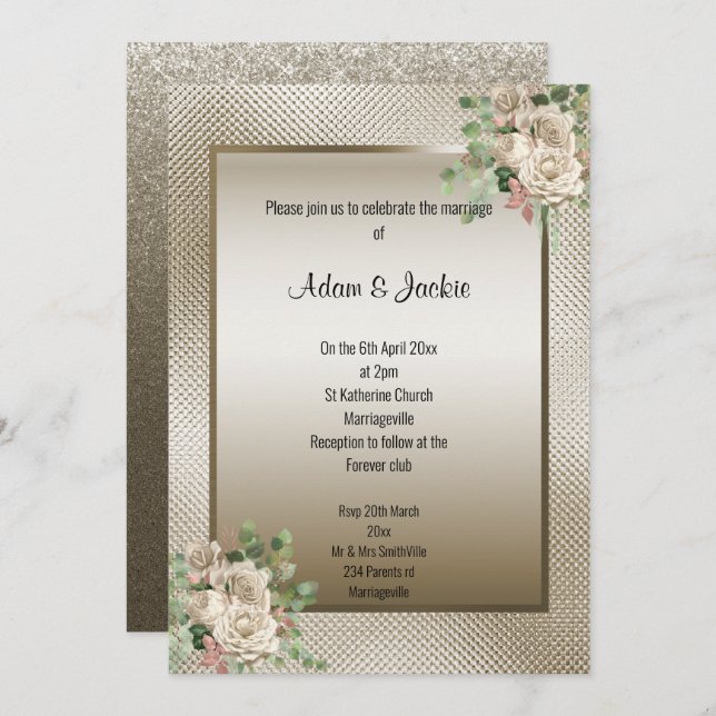 EMBOSS METALLIC BRONZE EUCALYPTUS FLORAL WEDDING INVITATION (Front/Back)