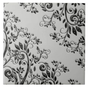 Embossed Black Swirly Floral Ceramic Tile