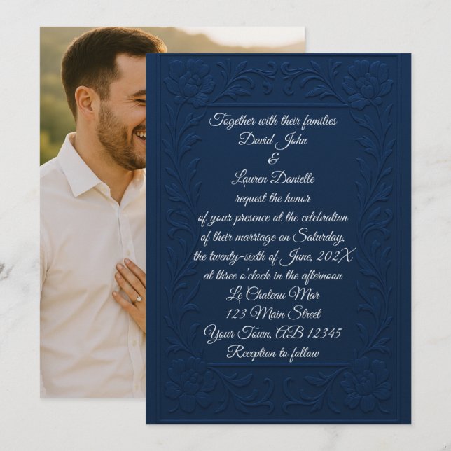 Embossed Blue & Silver Photo Wedding Invitation (Front/Back)