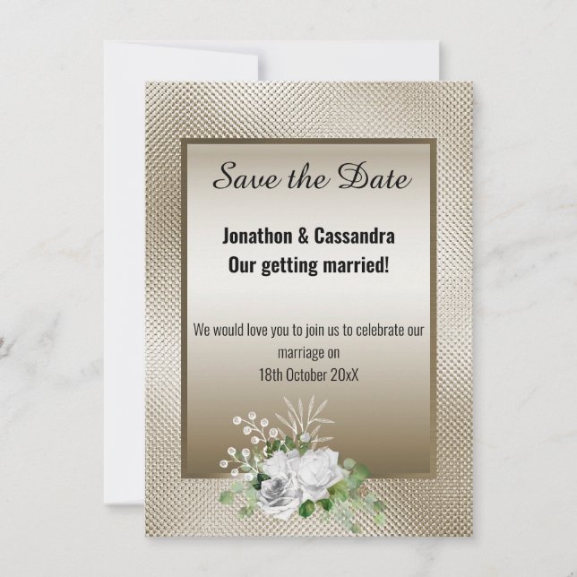 EMBOSSED BRONZE ROSE EUCALYPTUS SAVE THE DATE (Front)