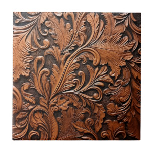 Embossed brown leather ceramic tile