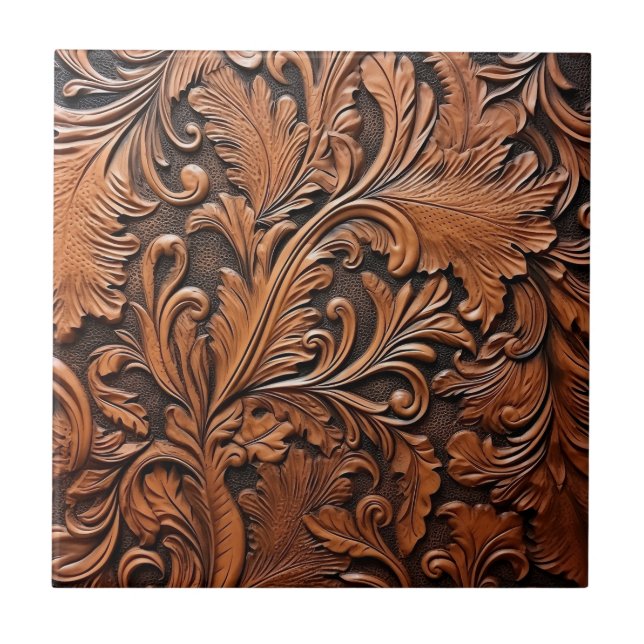 Embossed brown leather ceramic tile (Front)
