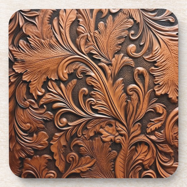 Embossed brown leather coaster (Front)