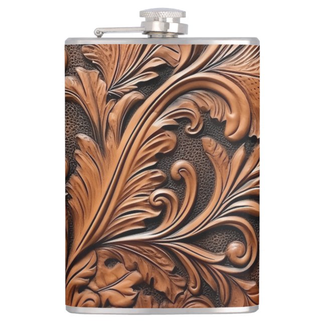 Embossed brown leather hip flask (Front)
