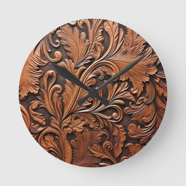 Embossed brown leather round clock (Front)