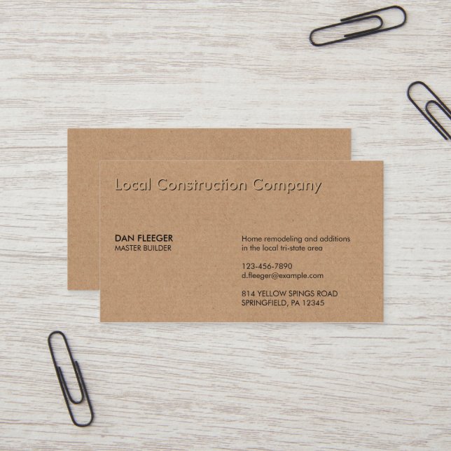 Embossed Construction Business Name Faux Kraft Business Card (Front/Back In Situ)