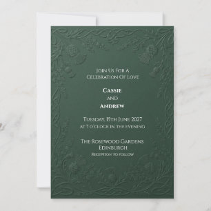 Embossed Dark Green Celtic Thistle Wedding Invitation