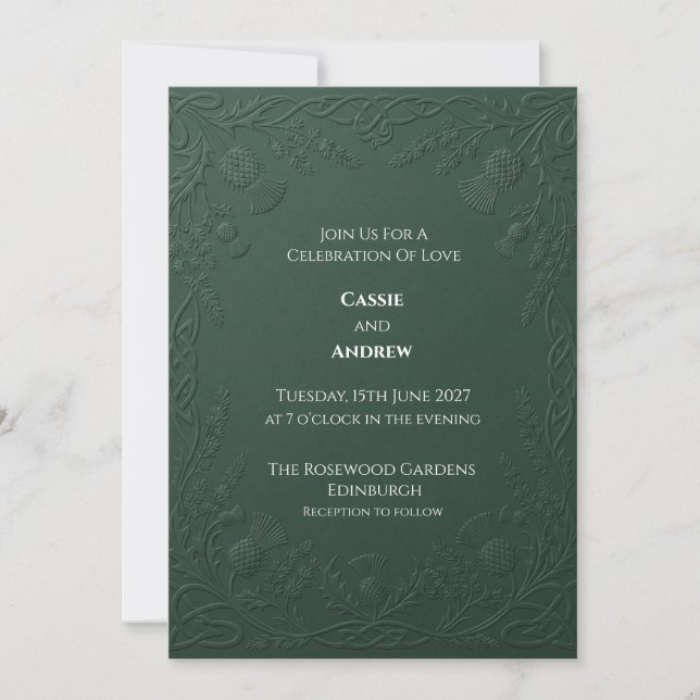 Embossed Dark Green Celtic Thistle Wedding Invitation (Front)