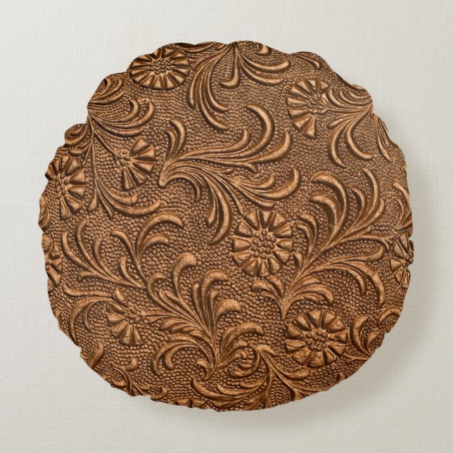 embossed floral panel, copper round cushion (Front)