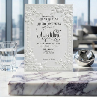 Embossed Floral White Formal Wedding Invitation