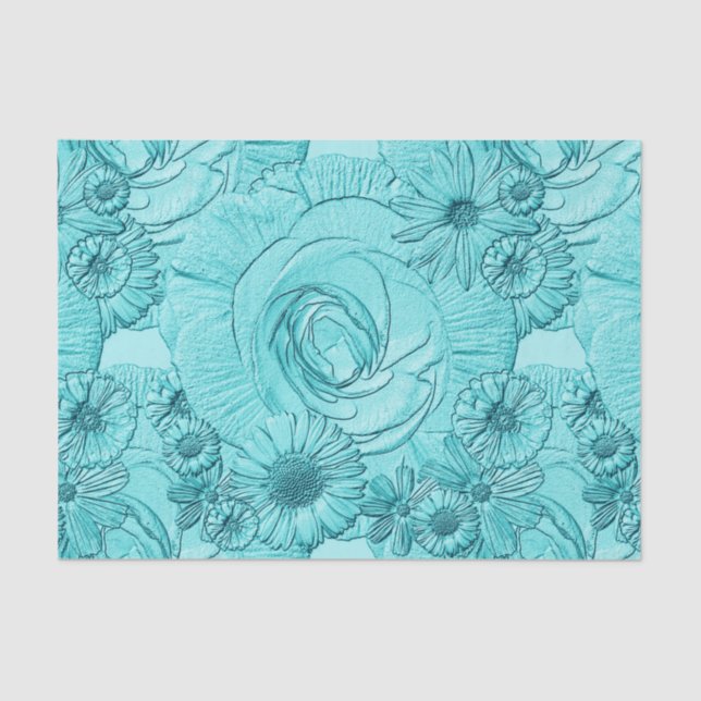 Embossed Flowers-Duck Egg Blue-Tissue Wrapping Tissue Paper (Front)
