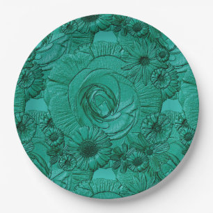 Embossed Flowers-Jade Green-PAPER PLATES