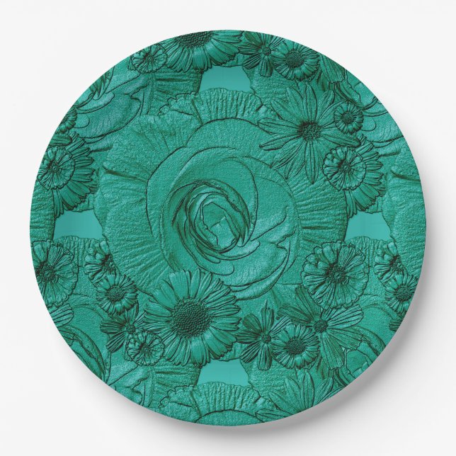 Embossed Flowers-Jade Green-PAPER PLATES (Front)