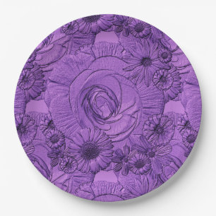 Embossed Flowers-Med Purple-PAPER PLATES