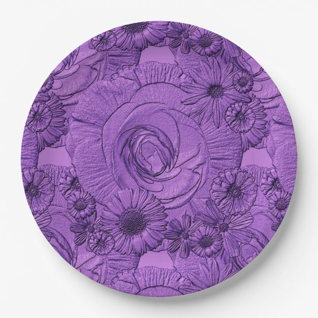 Embossed Flowers-Med Purple-PAPER PLATES (Front)