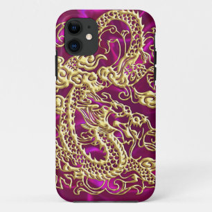 Embossed Gold Dragon Magenta Satin iPhone Case
