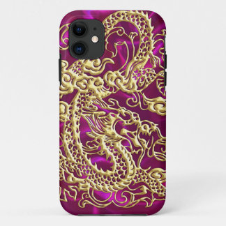 Embossed Gold Dragon Magenta Satin iPhone Case