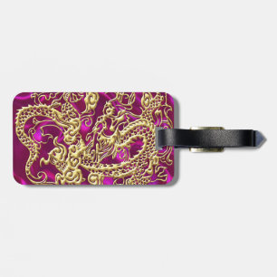 Embossed Gold Dragon Magenta Satin Print Luggage Tag