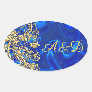 Embossed Gold Dragon on Blue Satin Oval Sticker