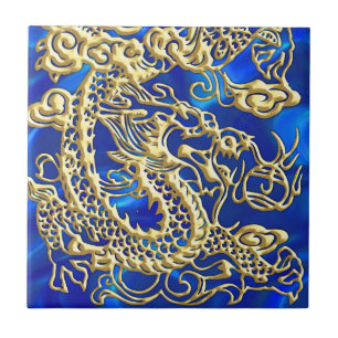 Embossed Gold Dragon on Blue Satin Print Ceramic Tile