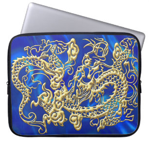 Embossed Gold Dragon on Blue Satin Print Laptop Sleeve
