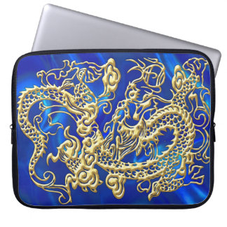 Embossed Gold Dragon on Blue Satin Print Laptop Sleeve