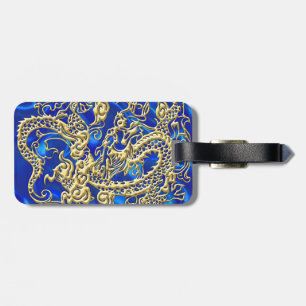 Embossed Gold Dragon on Blue Satin Print Luggage Tag