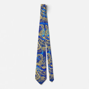 Embossed Gold Dragon on Blue Satin Print Tie