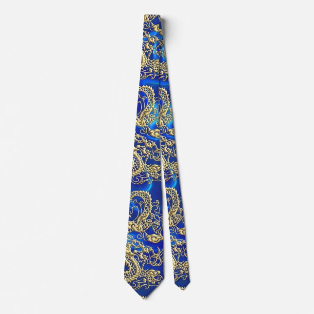 Embossed Gold Dragon on Blue Satin Print Tie (Front)