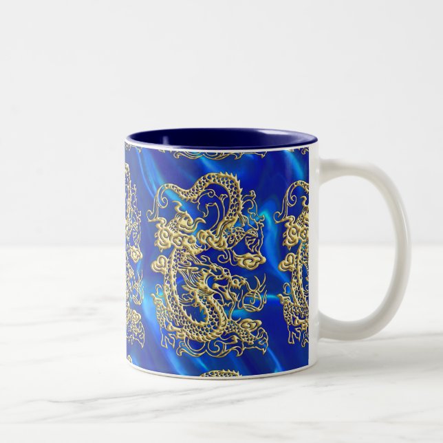 Embossed Gold Dragon on Blue Satin Print Two-Tone Coffee Mug (Right)