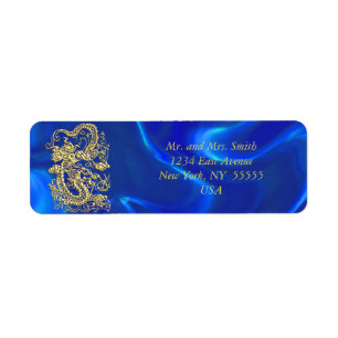 Embossed Gold Dragon on Blue Satin Return Address Label