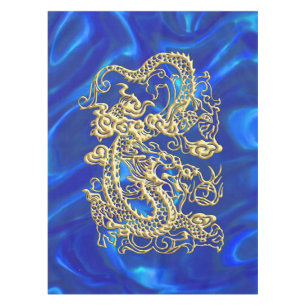 Embossed Gold Dragon on Blue Satin Tablecloth