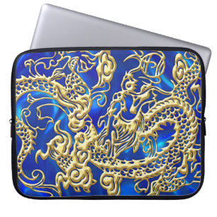 Embossed Gold Dragon on BlueSatin Print Laptop Sleeve