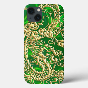 Embossed Gold Dragon on Green Satin iPhone 13 Case