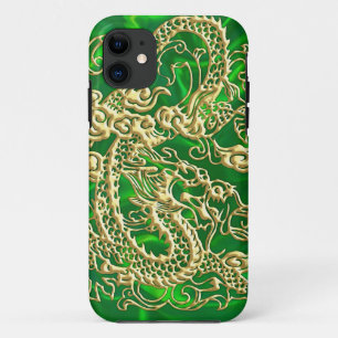 Embossed Gold Dragon on Green Satin iPhone Case