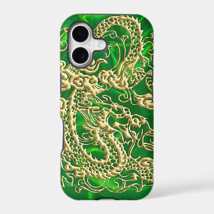 Embossed Gold Dragon on Green Satin iPhone Case