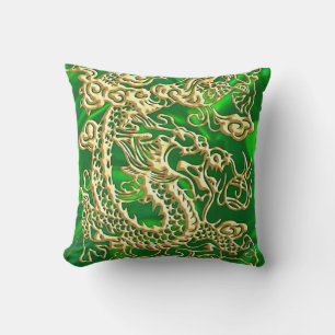 Embossed Gold Dragon on Green Satin Print Cushion